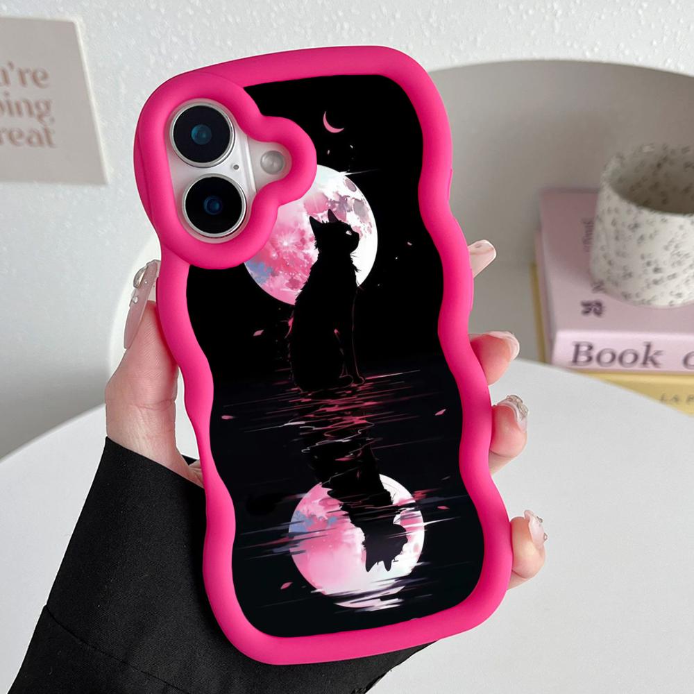 

Luna Moon Cat Mobile Phone Case for iPhone 17 16 15 14 13 12 11 Air Pro Max Plus Wavy Edge TPU Colorful Cover Pretty Cellphones iPhone 14 Plus