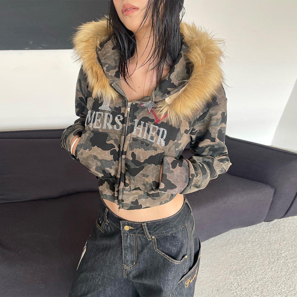 Streetwear Zip Hoodies Camo Embroidered Sequins Y2K Womens Clothes Hip Hop Retro Harajuku Gothic Punk Cropped Hoodies Sweatshirt