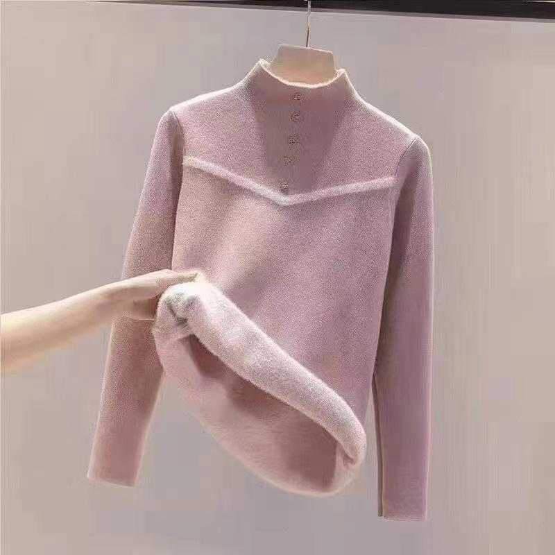 1011 new autumn and winter fleece semi-turtleneck fashion bottoming shirt women's integrated fleece sweater women's knitted clothes
