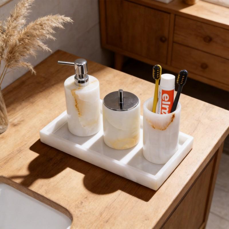 Ensemble de salle de bain en marbre Station de lavage de luxe à la française Ensemble de 5 pièces avec porte-savon Distributeur Plateau Pot à coton