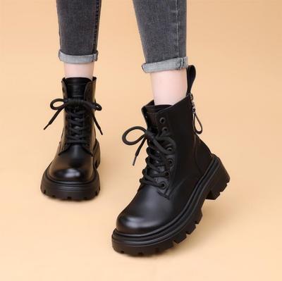 Fashion Genuine Leather Lace-up Women Boots 5Cm Chunky Heel Platform Women Boots British Style Thick Sole Increase Height Casual Boots