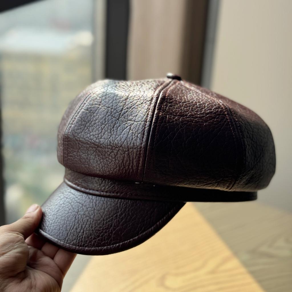 New Octagonal Hat for Women Fashionable and Warm in Autumn and Winter Korean Style Versatile Retro Black Leather Newsboy Hat Trend