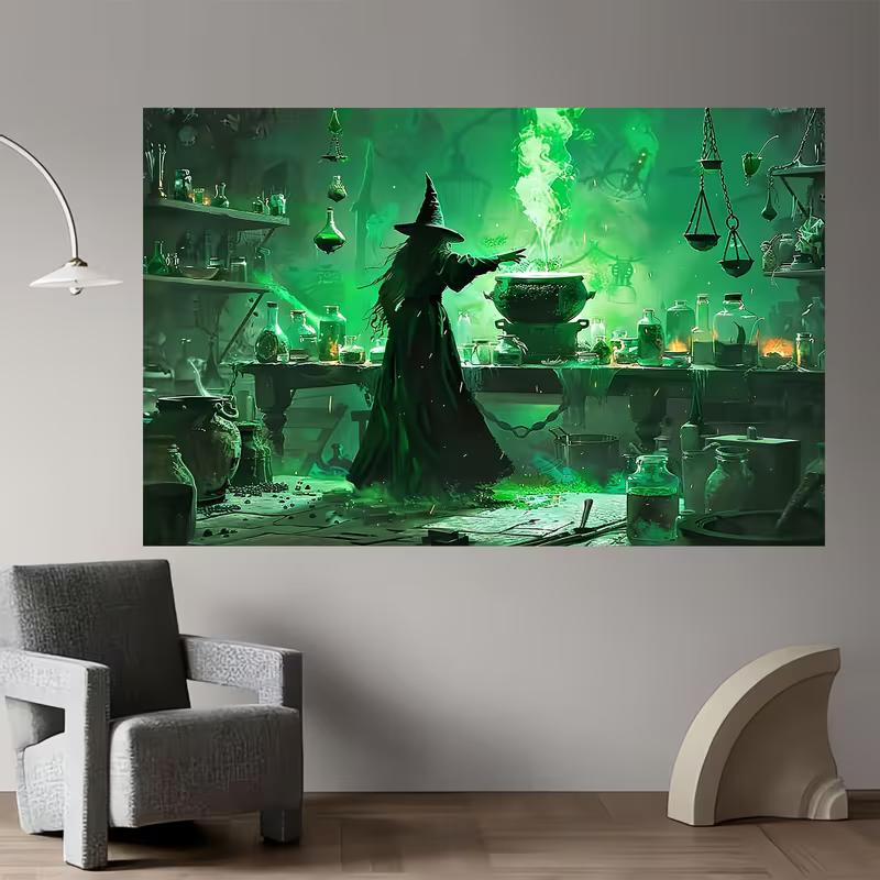 2D Witch Potion Lab Tapestry, Green Magic Cauldron Wall Hanging Background Cloth