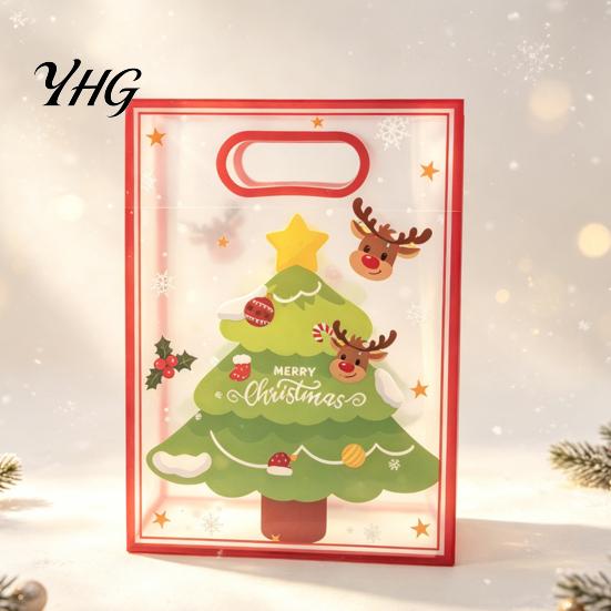 Decorative Candy Bags for Holidays Christmas Gift with Handles, Reusable Clear PP Treat Holiday Party Containers Apples Cookies, Favor Packaging