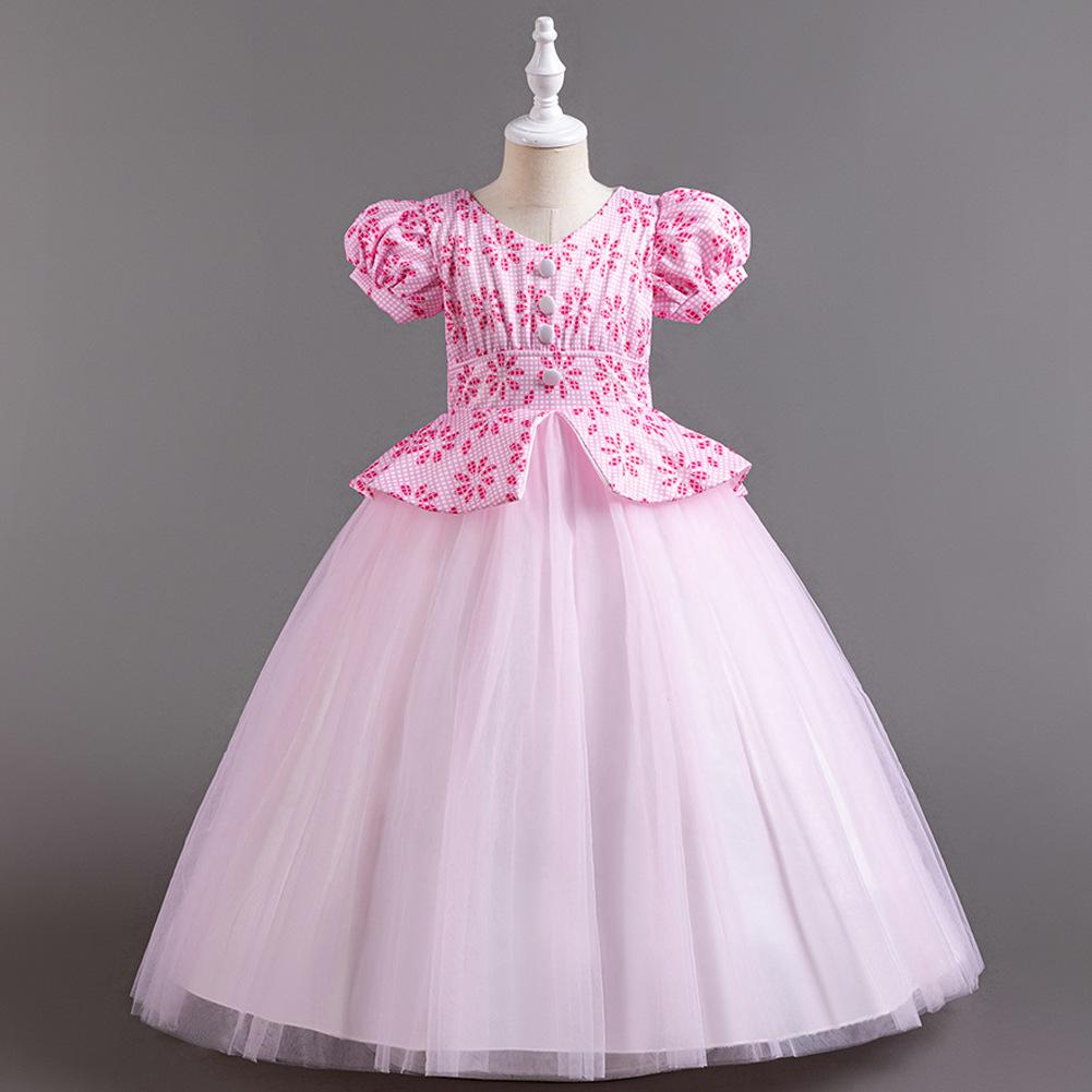 Children's Princess Dresses Thousand Birdie Patchwork Mesh Puffy Long Bubble Sleeve Girls' Stage Performance Dresses  Girl's Favourite Dress