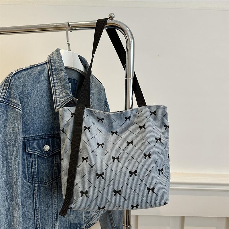 Bow Pattern Commuting Bag Corduroy Handbag Large Capacity Women Tote Bag Multi-pockets Fashion Shoulder Bag ARI