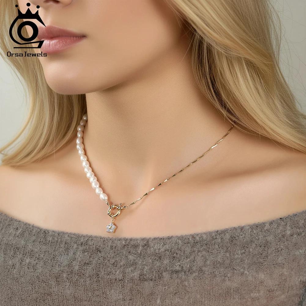 ORSA JEWELS Unique 925 Silver Natural Pearl Choker Necklace with Zircon Vintage Link Necklace for Women Chain Jewelry GPN92