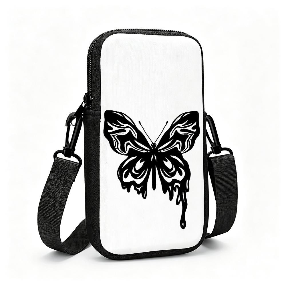 2D-Stylish Black Dripping Butterfly Crossbody Phone Bag, Adjustable Removable Strap Zipper Small Shoulder Purse for Women Daily Travel Party