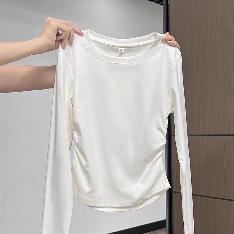 Round Neck Structured Shoulder Long Sleeve Tee Women Early Autumn Curved Hem Ruffle Waist Slim Base Layer Top