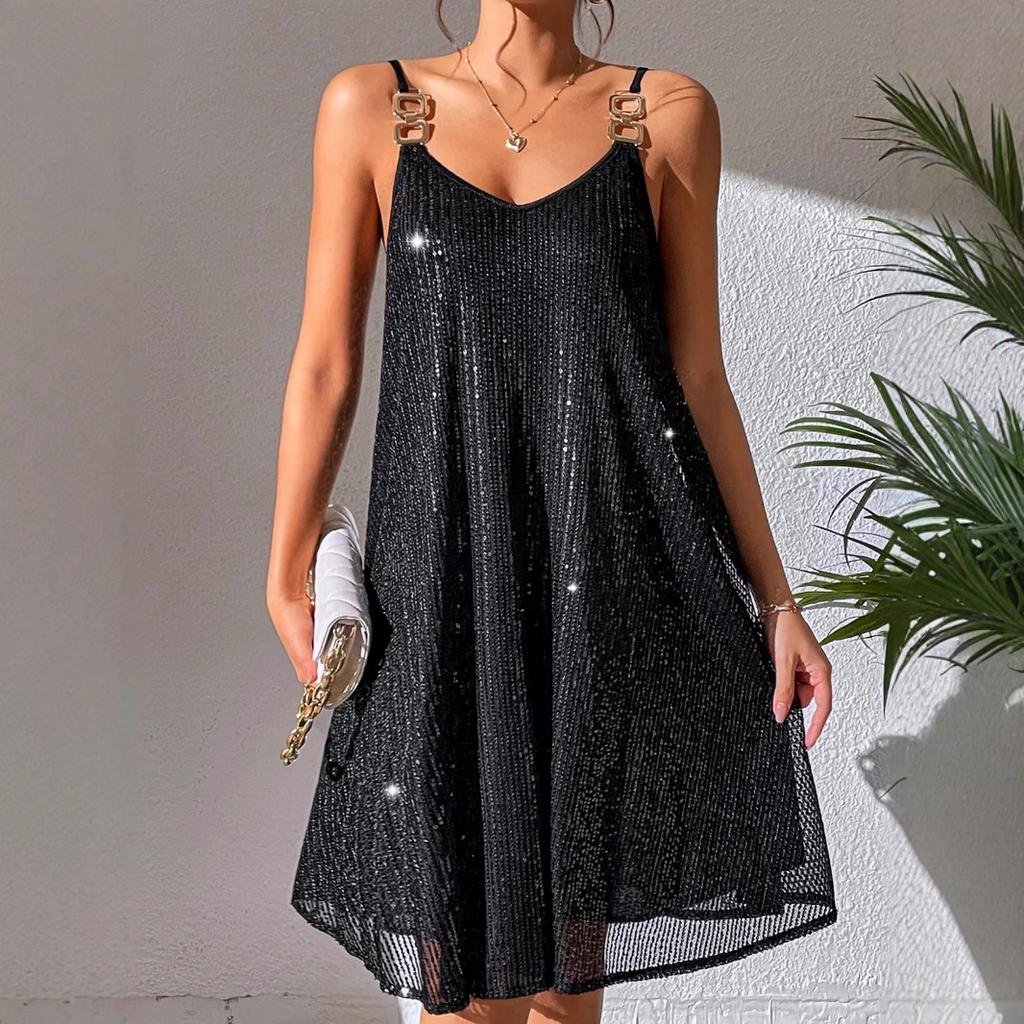 European and American women's clothing fashionable and sexy V-neck suspender summer temperament elegant sequin dress