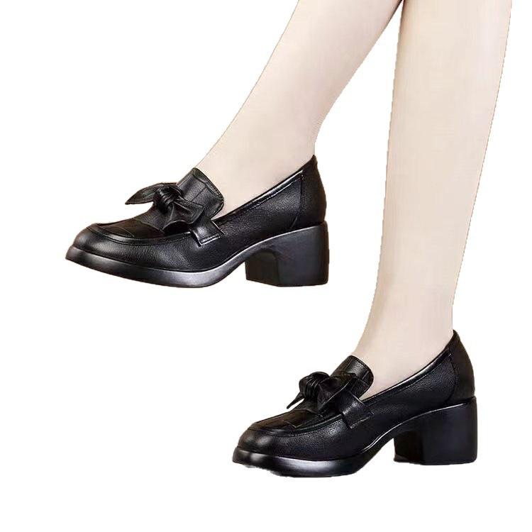 New thick heel small leather shoes autumn bow platform single shoes soft leather