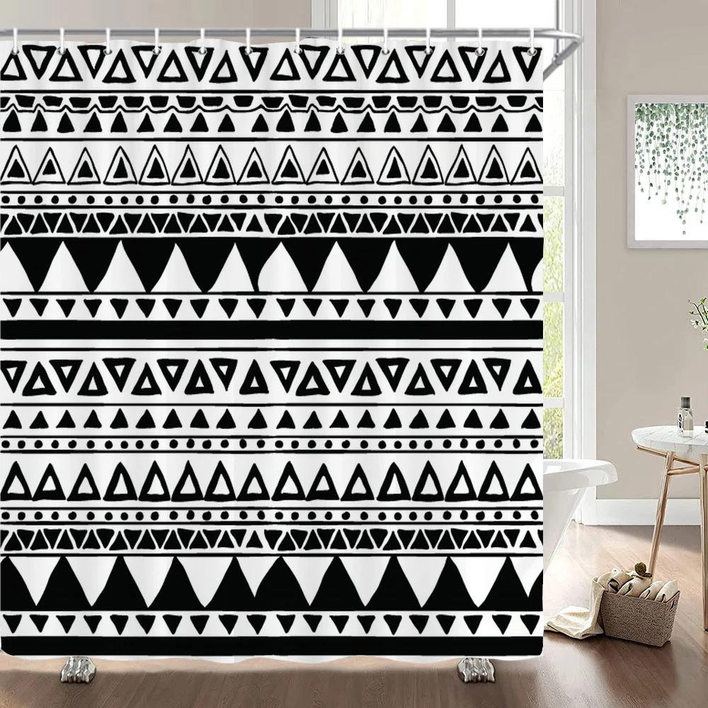 1 Pc Black White Geometric Print Polyester Shower Curtain Waterproof Fabric Partition Bathroom Curtain ,Decoration Bath Curtain