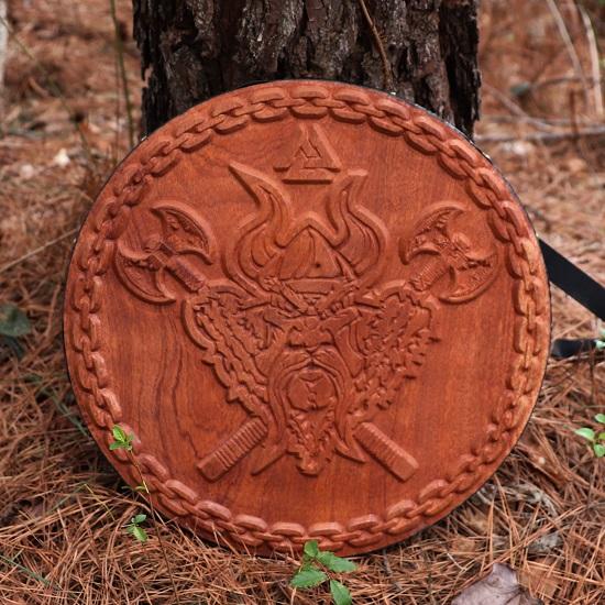 Nordic Rampage Wooden Small Round Shield Handmade Functional Woodcut Costume Reenactment Norse Viking Warrior Crest Shield