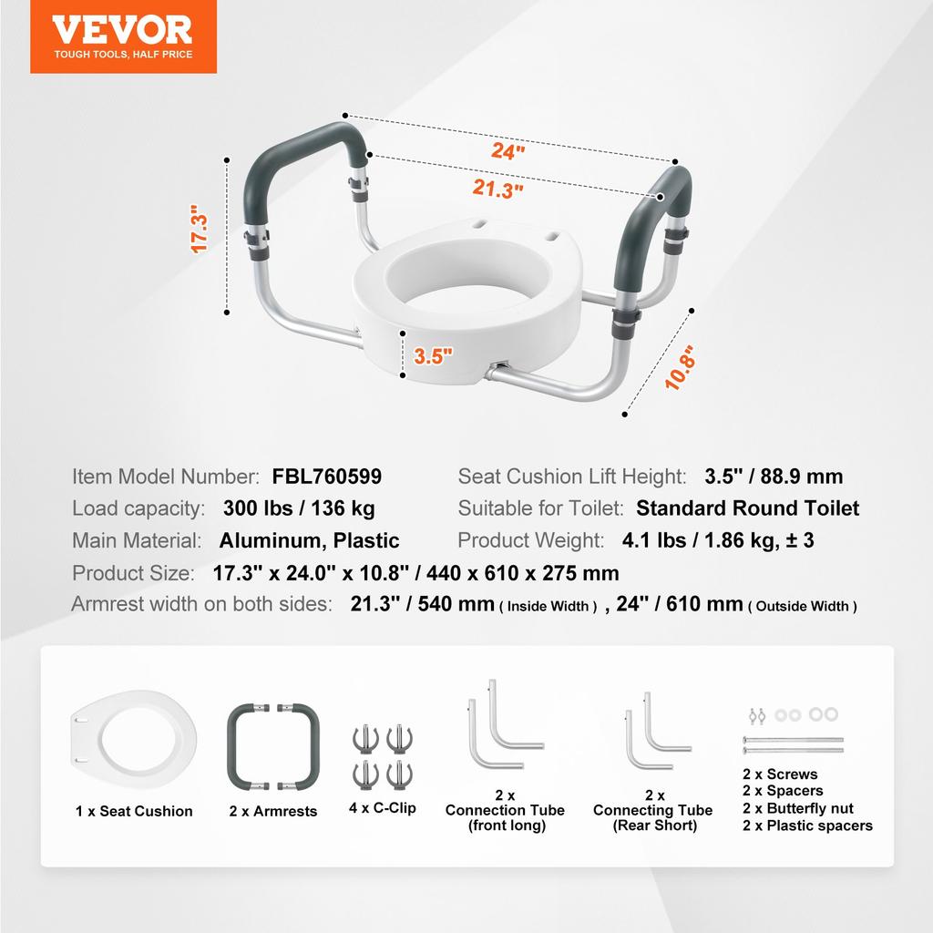 VEVOR Raised Toilet Seat, 3.5" Height Raised, 300 Lbs Weight Capacity, for Standard Round Toilet, Aluminum Handrail, with EVA Armrest Padding