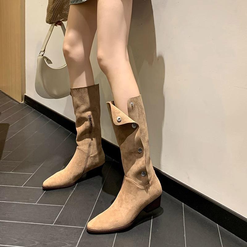2025 pointed toe matte suede western cowboy boots high heel knight boots short stacking boots women's fashion boots tide