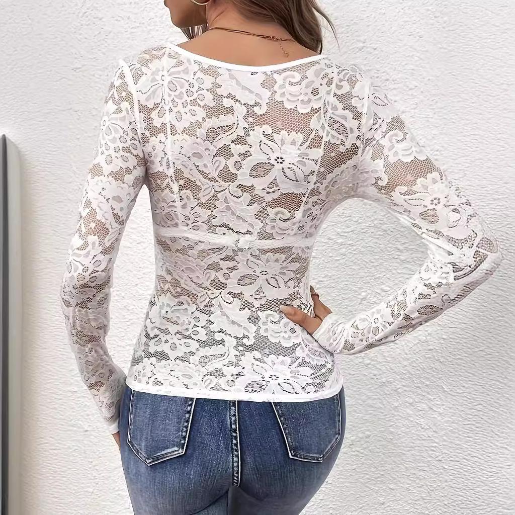 V Neck Fan Trim Single Layer Lace Long Sleeve T Shirt Slim Flattering Women Fashion Daily Basic Office Lady Casual Slim Fit Ladies Elegant Top