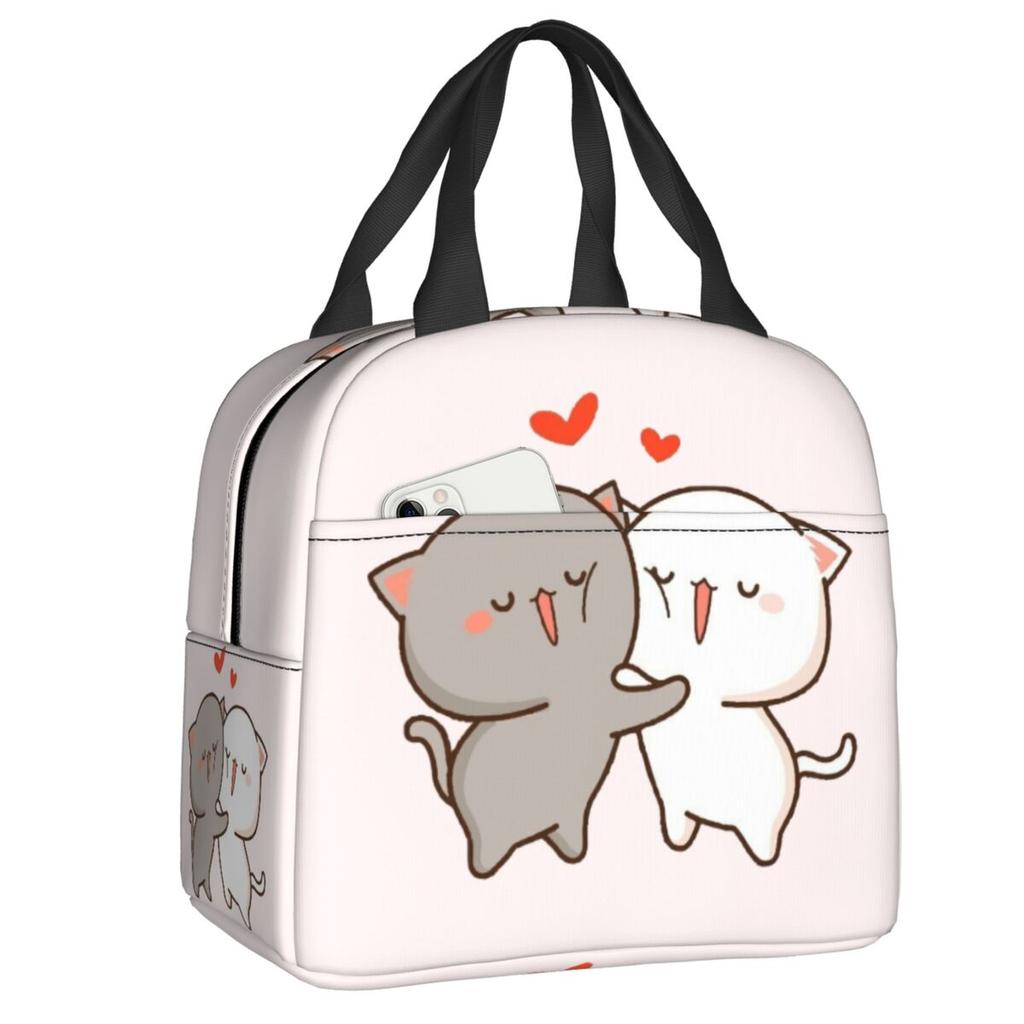 Custom Peach And Goma Mochi Cat Cuddling Thermal Insulated Lunch Bags Women Resuable Lunch Tote for School Storage Food Box