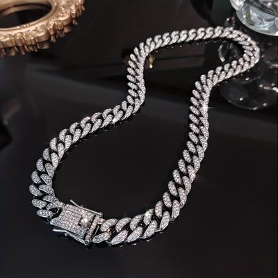Moda Collar de Cadena de Eslabones Cubanos de Cristal para Hombre Acero Inoxidable Collar Hip Hop Collar Grueso Tipo Gargantilla para Regalos de Novio