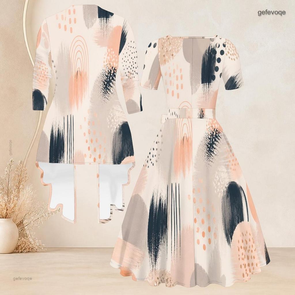 Women Plus Size Printed Two Piece Set Square Neck Short Sleeve Tie Waist Flared Dress 3 4 Sleeve Cardigan