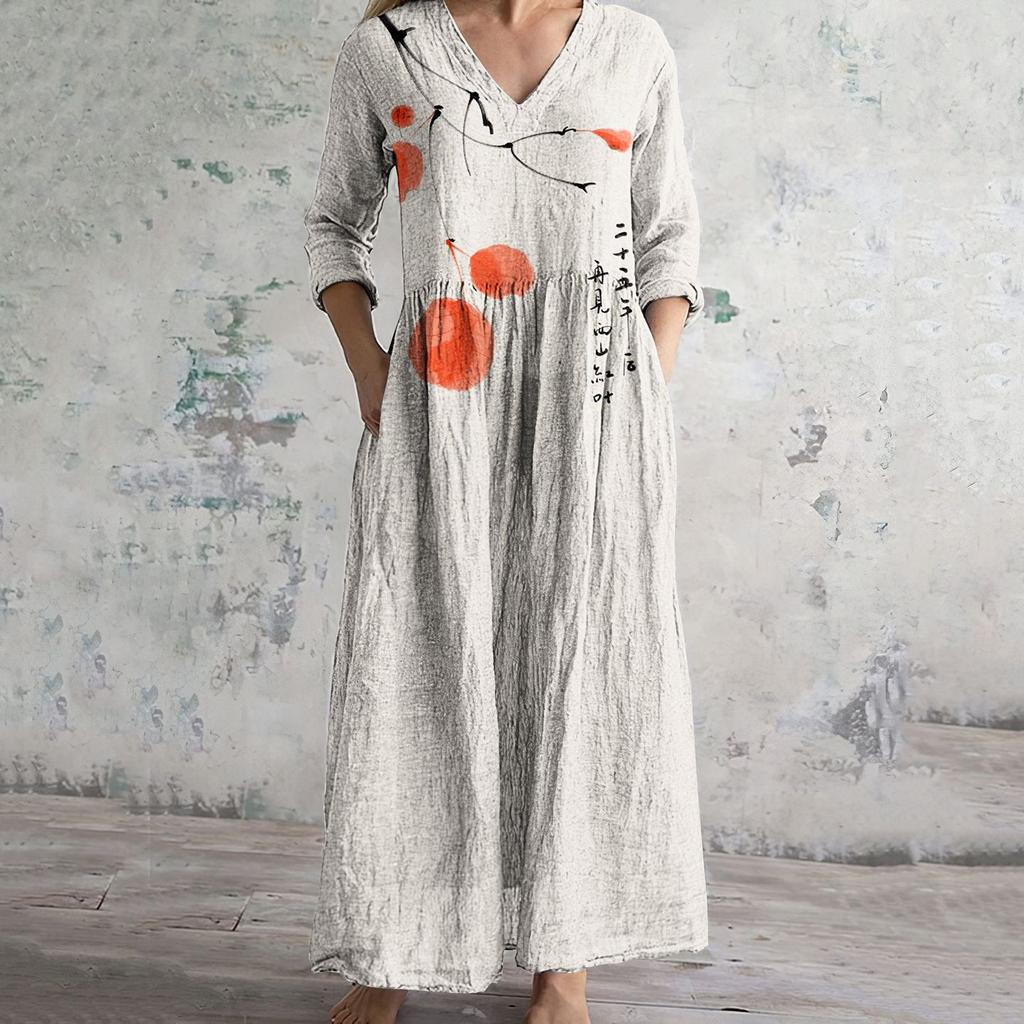 Damen Langarm V-Ausschnitt Maxi Kleid mit Streifenmuster, Knöchellanges Fließendes Kleid, Lässig Elegantes Kleid