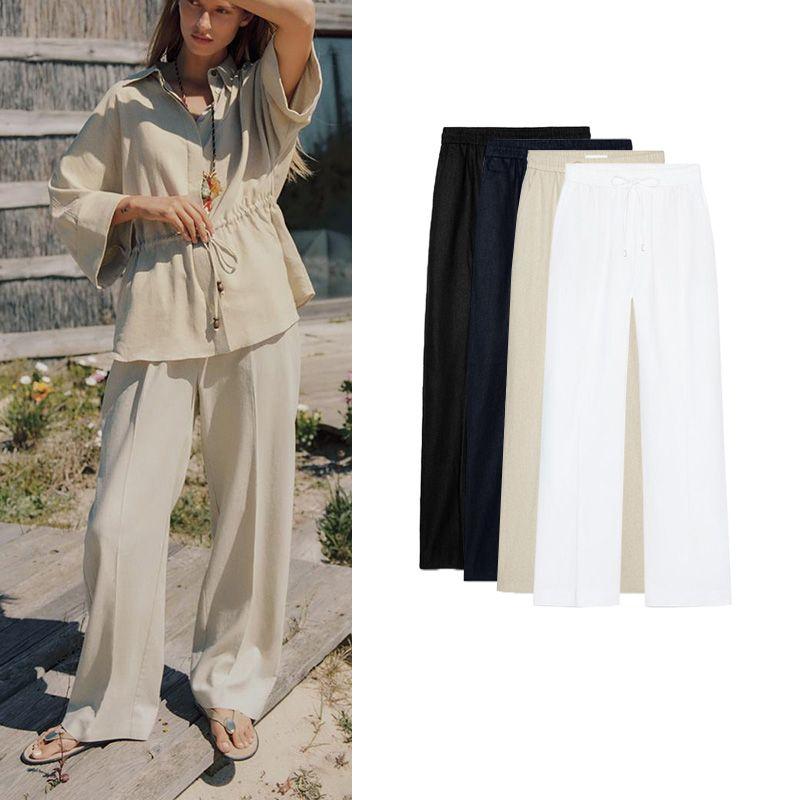 Summer New Product Women's Clothes American Minimalist White Linen Blend Straight-leg High Waist Casual Trousers 9929041