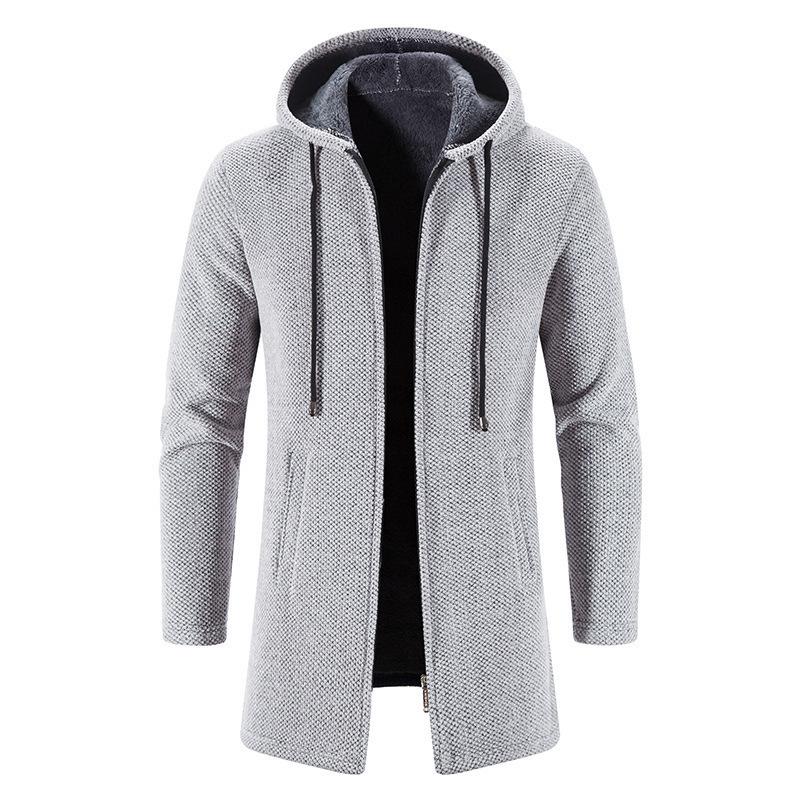 Autumn Winter New Style Hooded Fleece Lined Men Mid Length Loose Versatile Sweater Coat Loose Casual Knit Cardigan