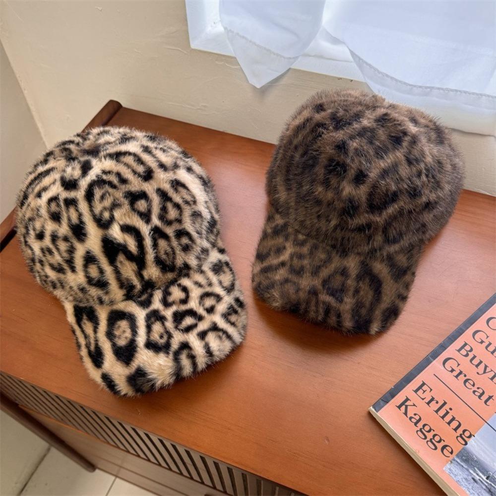Leopard Print Plush Hat Adjustable Duckbill Cap Warm Baseball Cap  Autumn Winter
