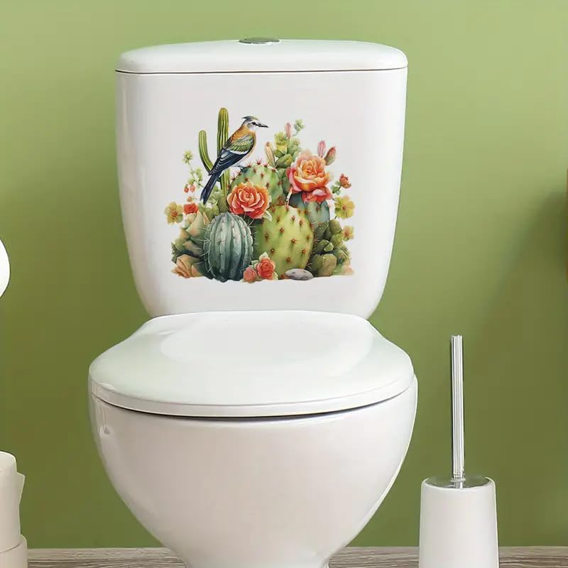Tropical Cactus Bird Toilet Cover Sticker Decals,Fish Bird Flower Leaf Waterproof Toilet Lid Tank Seat Decals Cistern Self-Adhesive Bathroom Wall