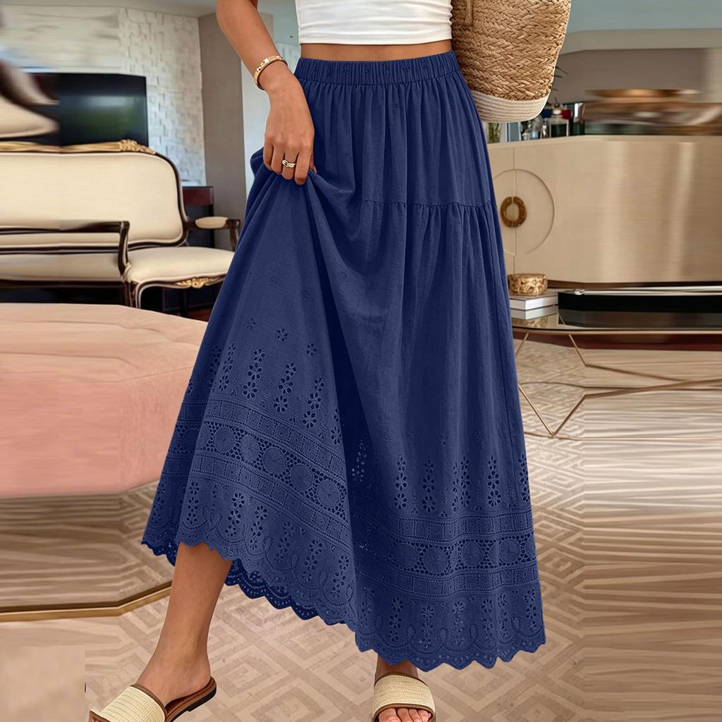 Vestido Largo Casual Lindo Elástico de Cintura Alta -Ojo Línea A
