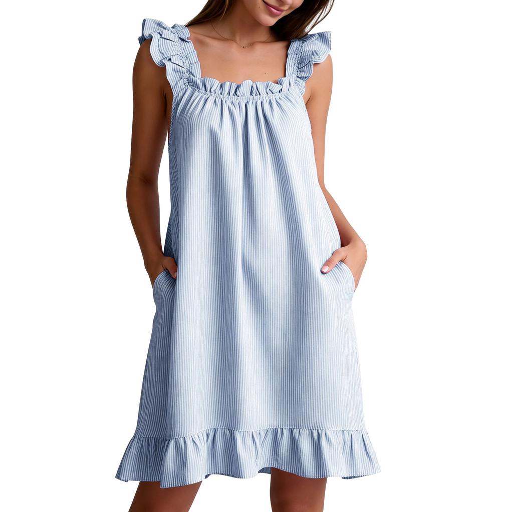 Women's Sleeveless Striped Nightgown with Ruffle Trim and Pockets, Loose Fit Casual Sleep Dress for