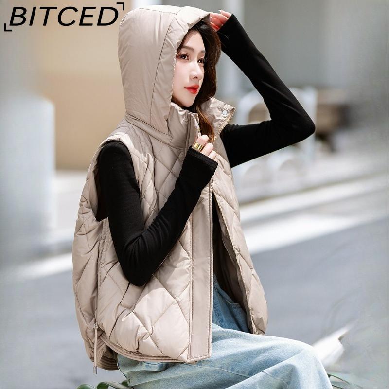 BITCED Women's Autumn/Winter Quilted Down Vest - Elegant Hooded Cotton Jacket, Short-Sleeved Waistcoat, Diamond-Quilted Vest