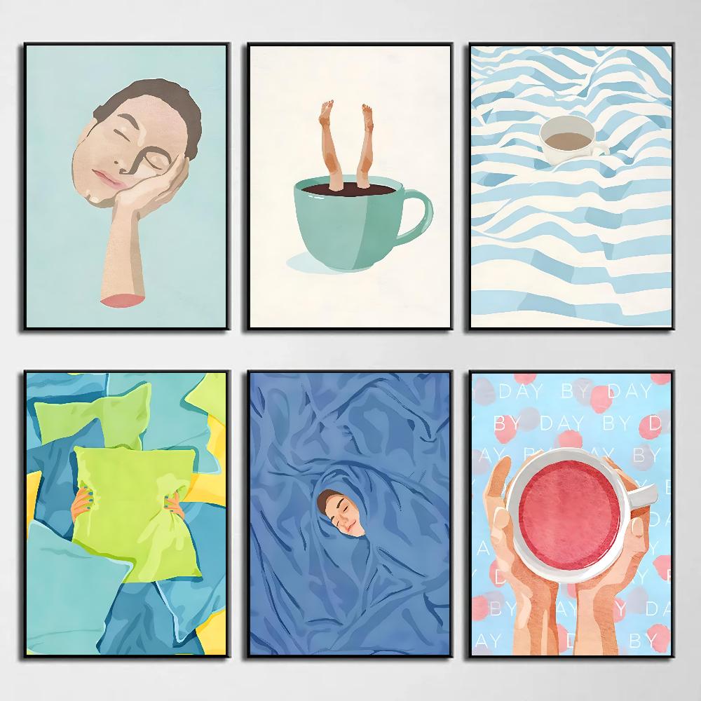 Abstract Figure Cup Thinking Coffee Girl Daily Life Nordic Poster HD Posters Home Room Bar Cafe Decor Art Wall Painting Picture