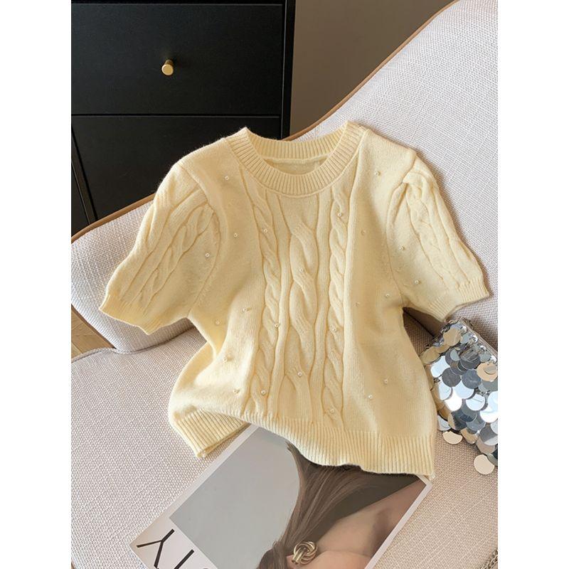 New Arrival Women's Gentle Temperament Crew Neck Pearl Embellished Loose Easiest for Match Short Sleeve Cable-Knit Sweater Sweater T-shirt