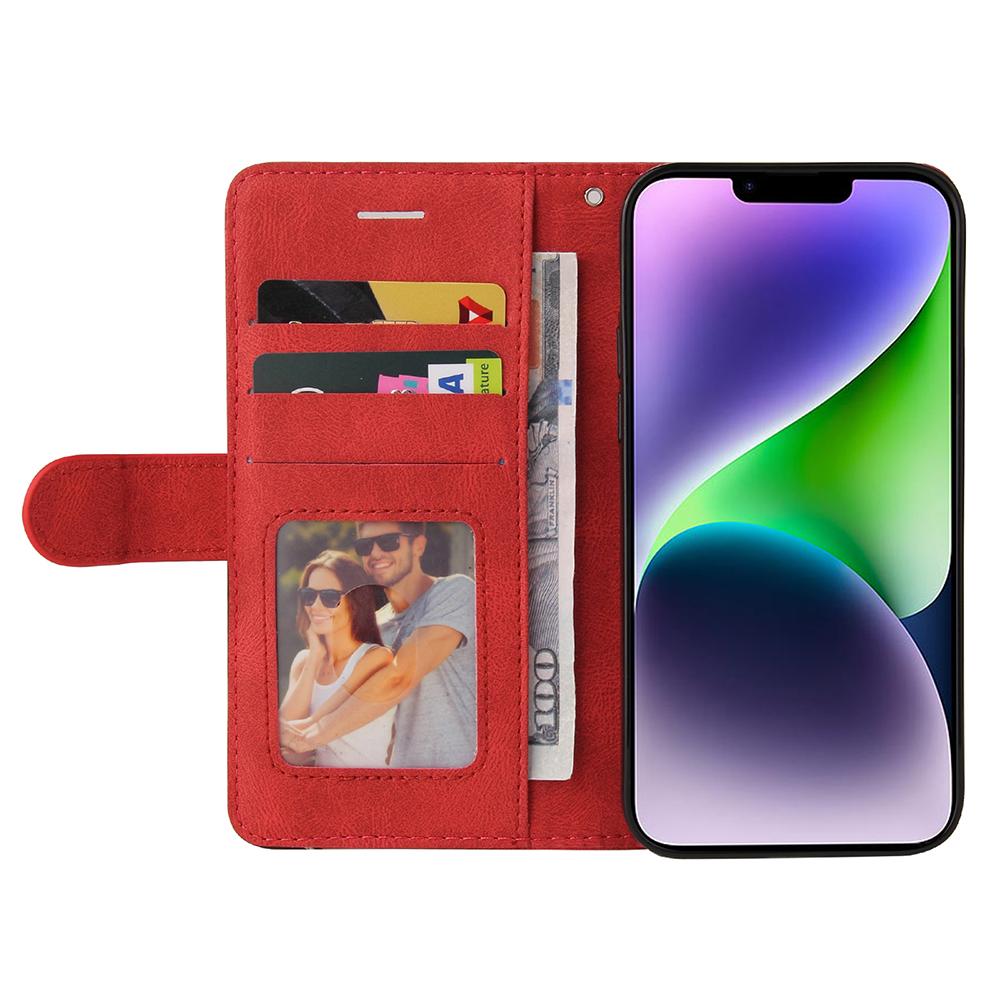 

For iPhone 15 Plus Leather Case Wallet Stand Color Splicing Phone Cover Red