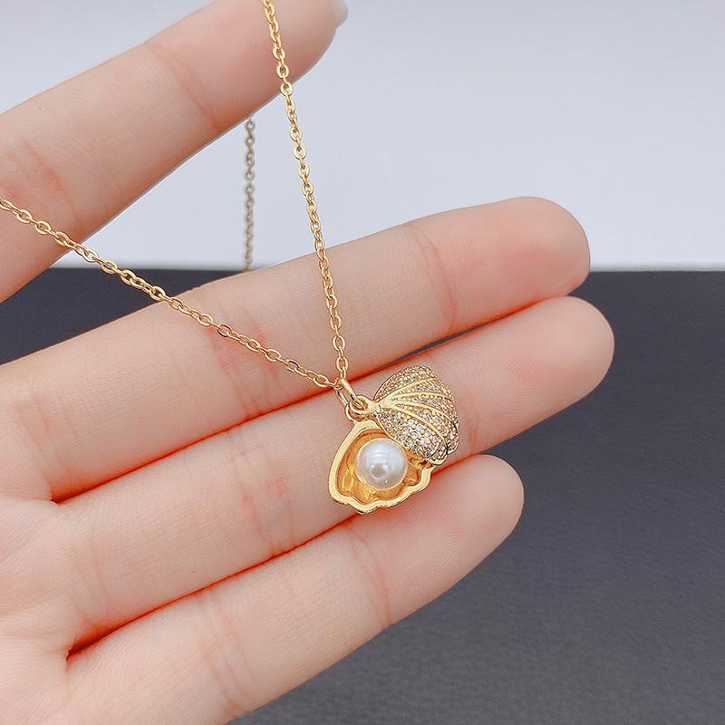 Korean Romantic Shell Pendant Necklace for Women Micro Zircon Exquisite Imitation Pearl Heart Choker Neck Chain Party Jewelry