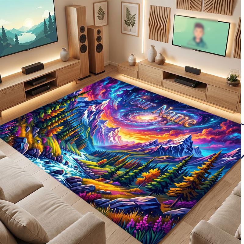 Space Cosmic Theme Crystal Velvet Floor Rug Personalized Custom Name Text Warm Carpet Home Decoration
