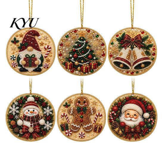 Acrylic Santa Hanging Ornaments 6 Pcs Christmas Pearl Art Ornaments, 2D Flat Holiday Tree Pendant, Decorations Effect Decoration for Home Wall