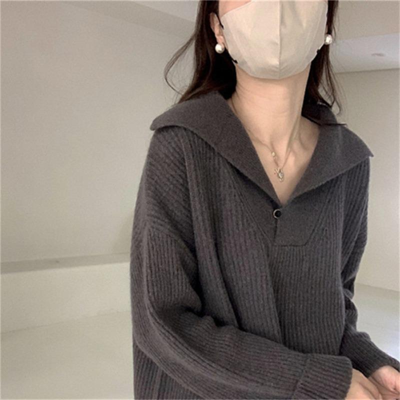 Solid color fashionable simple pullover sweater women's autumn and winter new versatile loose and thin knitted sweater top
