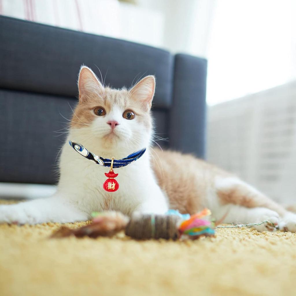 Cat Collar with Bell, 1 Pack Blue Japanese Style Waves Print Pet Collar Adjustable Cat Collar with Fortune Bell for Small Cats Puppy Pets, M