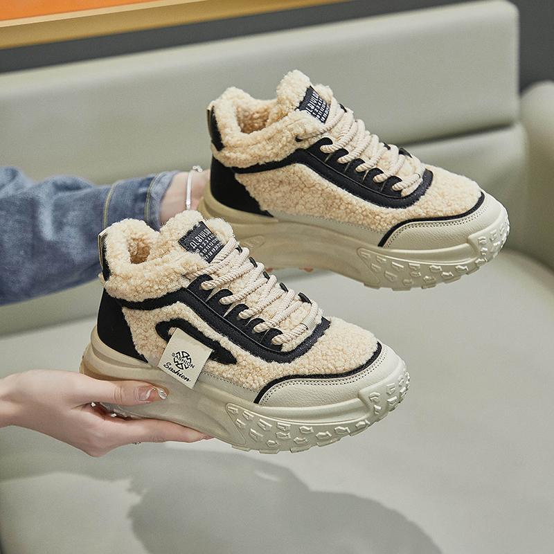 MCTIN Shoes for Women Winter Plush Chunky Sneakers Lace Up Casual Thick Soled Warm Shoes
