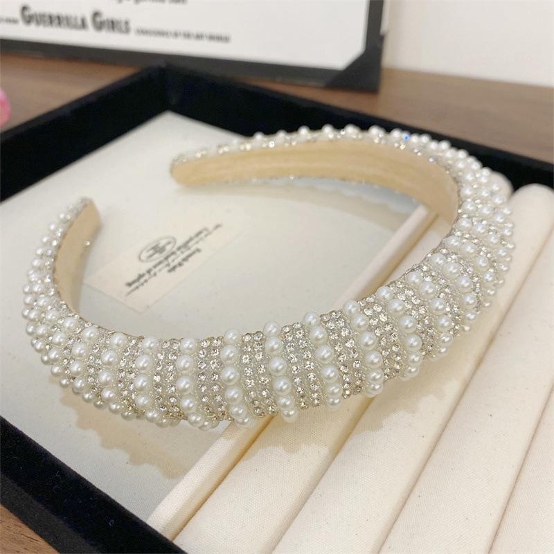 Baroque Vintage Pearl Glass Beads Bow Headband Fashion Hairbands Full Rhinestone Sponge Hair Band Hair Accessories