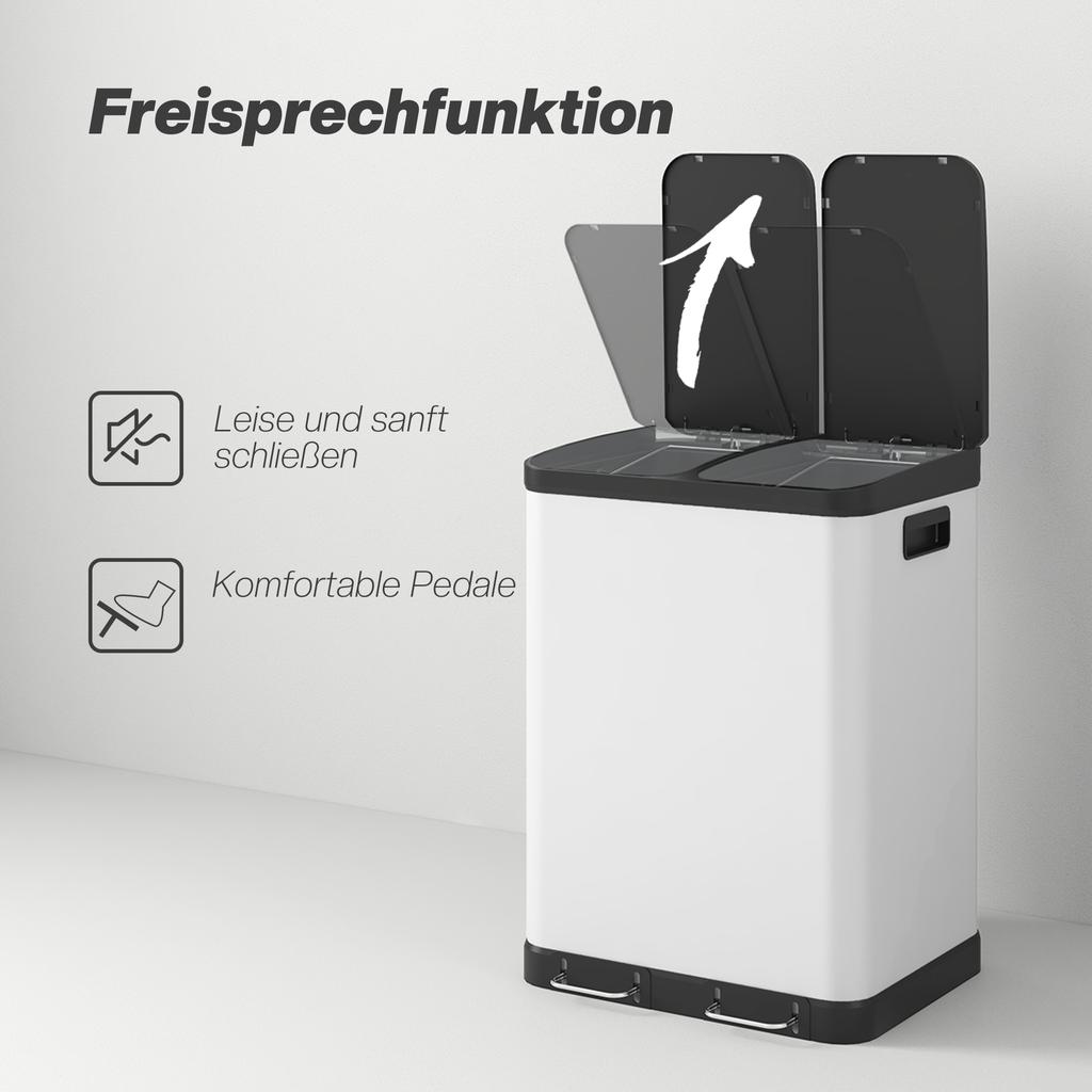 Dual Compartment Trash Can, 2 X 30L, Fingerprint-Resistant, Pedal, Removable Inner Bins, Grey