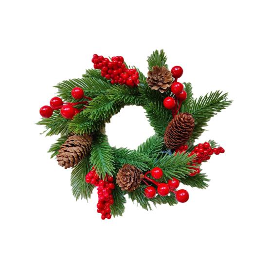 Christmas Candle Ring Wreath Artificial Red Berry Pinecone Pine Needles Candle Wreaths Small Tabletop Candle Holder for Home Party Fireplace Decor