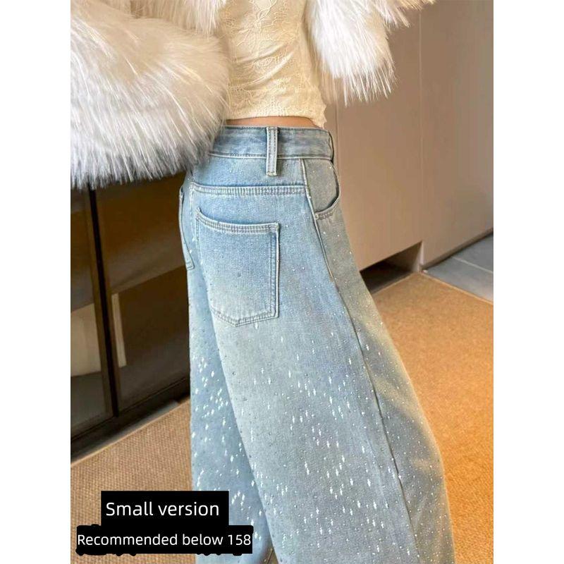 American Retro Style Star-Studded Rhinestone Jeans for Women, New Spring Design for Plus-Size Girls, High-Waisted Wide-Leg Pants