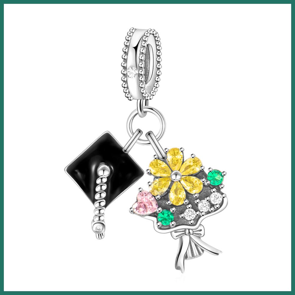 S925 Silver Graduation Beaded Bracelet Necklace DIY Kit With Cap Tassel Bouquet Charm Pendant For Commencement Gift