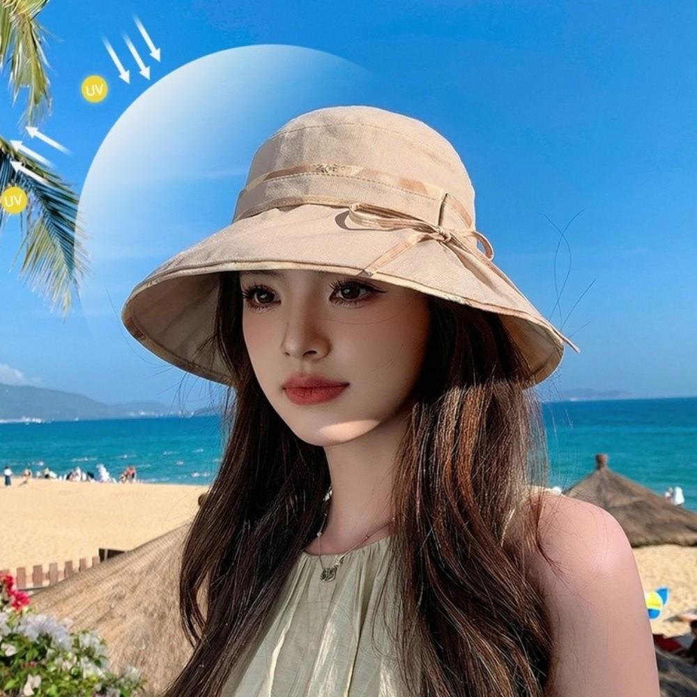 Bowknot Decor Fisherman Hat Lace-up Design Sunshade Hat New Girls Basin Caps  Beach Activities