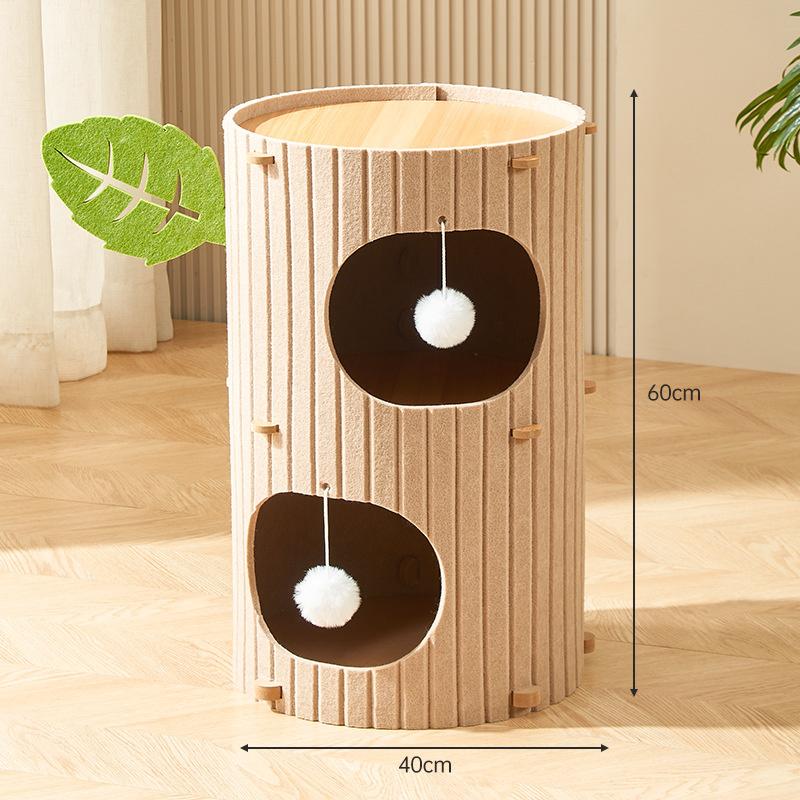Cat Scratching Tower Felt Trunk Design 2 Levels With Pompoms Brown White Multi Level Cat Climbing Furniture For Indoor Play