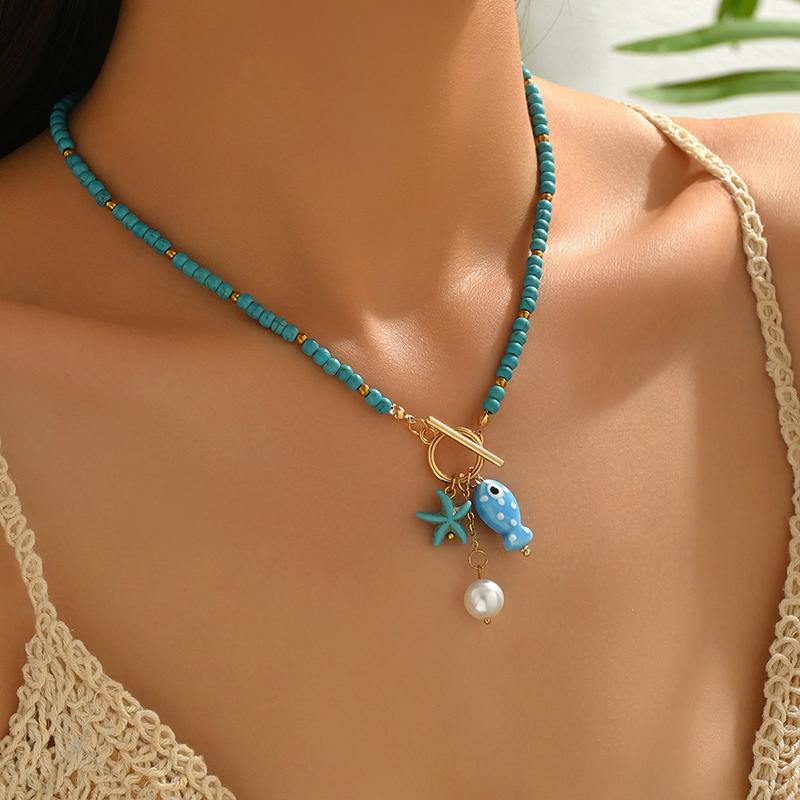 Bohemia Colorful Ceramic Fish Pendant Necklace for Women Handmade Beaded Pearl Starfish Necklace Summer Vacation Jewelry