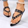 Sommer Damen Nieten Dekor Tanga Flache Sandalen Quadratische Zehenpartie Lackleder Rutschfeste Weiche Sohle Zum Hineinschlüpfen Lässige Tägliche Wanderschuhe