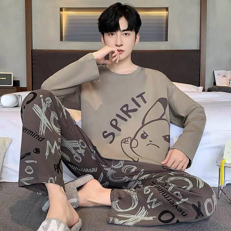 Set de pijama de desene animate pentru bărbați mărime plus: Mânecă lungă, Subțire, pentru Primăvară, Toamnă și Iarnă - Haine de casă pentru Adolescenți și Studenți.